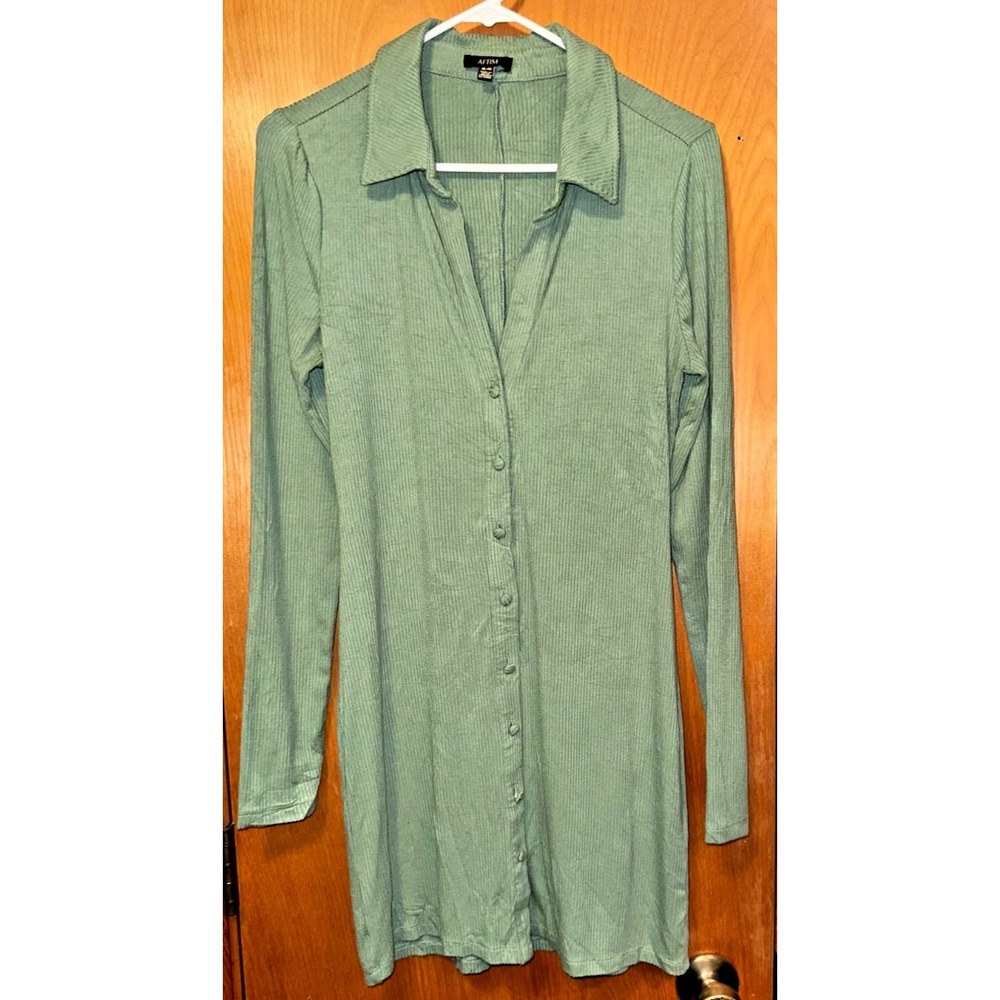 AFRM Ribbed Button Front Long Sleeve Collared Mini Shirt Dress Sage Green‎ M